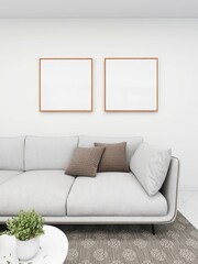 Simple living room with a white sofa, ornaments and two blank square frames. 3d rendering, interior design, 3d illustration