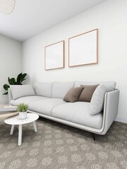Simple living room with white sofa, ornaments, ornamental plants and two blank frames. 3d rendering, interior design, 3d illustration
