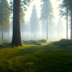 Forest with fog and enormous trees, Generative AI