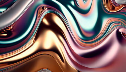Abstract metallic chrome background in pink, blue and silver colors. Bright background. Created with AI. - obrazy, fototapety, plakaty