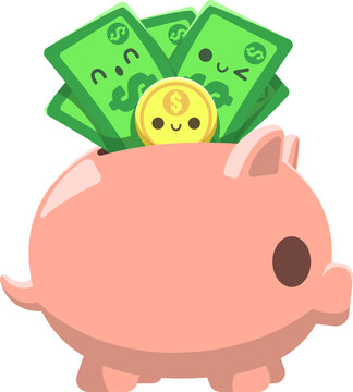 Alcancia de cerdito con set de monedas y billetes, alcancia de cerdo con d&oacute;lares, alcancia kawaii, ilustracion kawaii, ahorro de dinero, sin fondo