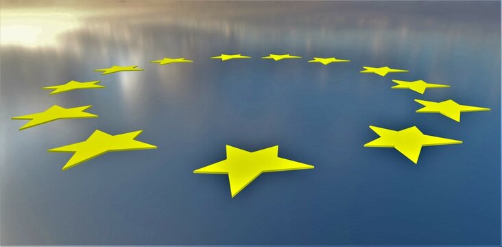 Yellow stars of European Union on the blue water against the blurred sunny sky. Suitable illustration for political websites.
