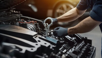 Obraz na płótnie Canvas repairman hands repairing a car engine automotive workshop with a wrench, Automobile mechanic car service and maintenance, Repair service