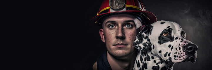 A firefighter with a dalmatian dog poster with copy space - Fictional Person, Generative AI
