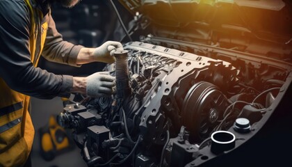 Fototapeta na wymiar repairman hands repairing a car engine automotive workshop with a wrench, Automobile mechanic car service and maintenance, Repair service
