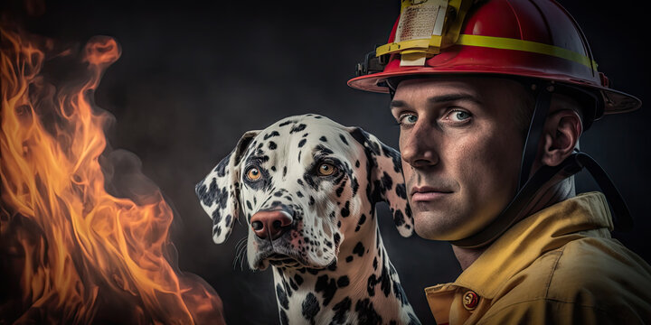 A firefighter with a dalmatian dog poster on fire background - Fictional Person, Generative AI