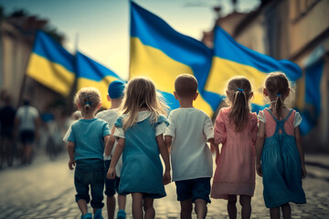 Obraz premium Marching for Liberty: Children Carrying Ukrainian Flags Through the Streets as a Symbol of Freedom