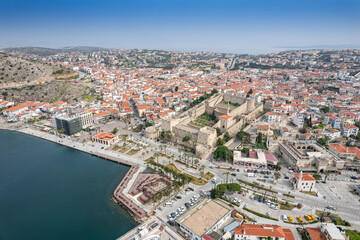 Fototapeta premium Cruise Ship in the Cesme Marina Drone Photo, Cesme Izmir, Turkey
