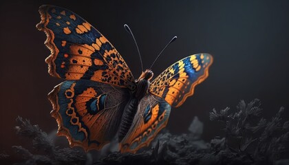 Fototapeta na wymiar Beautiful glowing multicolored butterfly, butterfly on a dark, Patterned situete of a butterfly, 