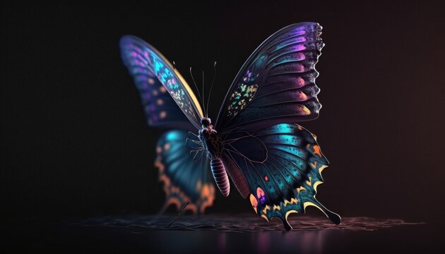 Beautiful glowing multicolored butterfly, butterfly on a dark, Patterned situete of a butterfly, 