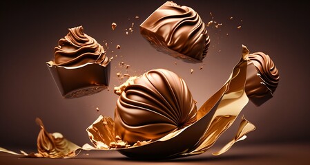 Flying chocolate candies pralines with smooth splashs. Generative AI - obrazy, fototapety, plakaty