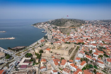 Obraz premium Cruise Ship in the Cesme Marina Drone Photo, Cesme Izmir, Turkey