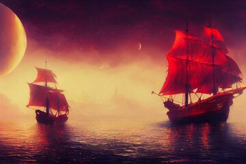 Fototapeta na wymiar Painting mystic pirate ship with red sails sailing in night on sea, large luminous planet moon Fantasy fine art paint concept for fairytale paintings, illustration background artwork. Generative AI