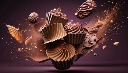 Flying chocolate candies pralines with smooth splashs. Generative AI