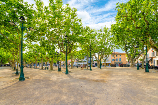 The spacious tree lined Place des Lices town square and park in the historic center of Saint-Tropez, France, along the Cote d'Azur French Riviera. 