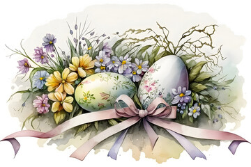 Obraz na płótnie Canvas Easter decoration concept. Floral watercolor painting on white background. AI generated.