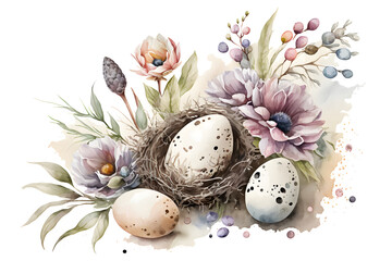 Easter decoration concept. Floral watercolor painting on white background. AI generated.