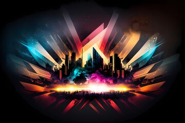 Audio music backgrounds. Buildings city view with sounds elements, colors and particles. Vivid and vibrant illustration of city skyline at night with musical twist of techno or Edm. Generative AI. - obrazy, fototapety, plakaty