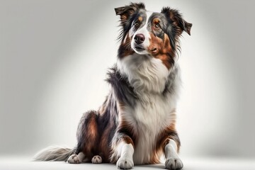 Advertisement dog sitting frontal isolated with white background. Generated by AI.
