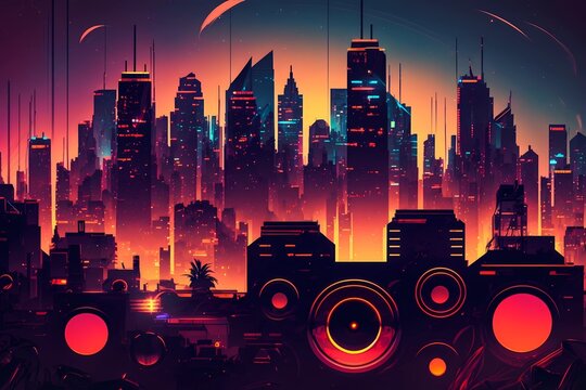 Audio music backgrounds. Buildings city view with sounds elements, colors and particles. Vivid and vibrant illustration of city skyline at night with musical twist of techno or Edm. Generative AI.