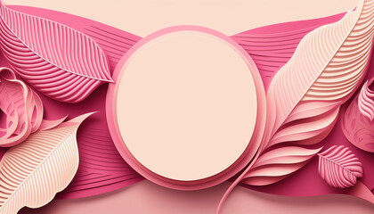 Springtime shopping sales, Women's Day, Mother's day greeting banner in pastel colors - pink and creamy beige. Leaves, plants and circle in center with place for text. Generative AI.