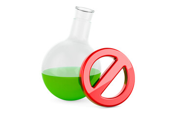 Chemical flask with forbidden symbol, 3D rendering