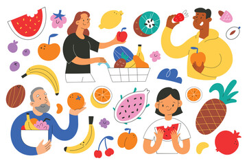 People and fruit collection, senior person buys healthy food in grocery store, children, teenager eating watermelon, young woman with shopping cart full of various tropical fruit, flat vector