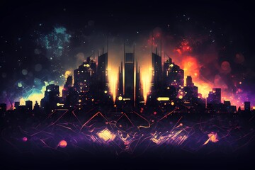 Fototapeta na wymiar Audio music backgrounds. Buildings city view with sounds elements, colors and particles. Vivid and vibrant illustration of city skyline at night with musical twist of techno or Edm. Generative AI.