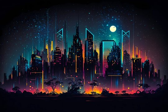 Audio music backgrounds. Buildings city view with sounds elements, colors and particles. Vivid and vibrant illustration of city skyline at night with musical twist of techno or Edm. Generative AI.
