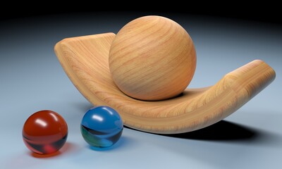 Abstract scene with wood and coloured glass objects - 3D rendering illustration