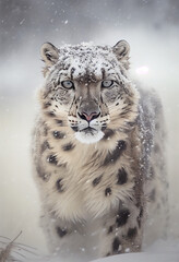 Snow leopard stalks out of snowstorm. generative AI