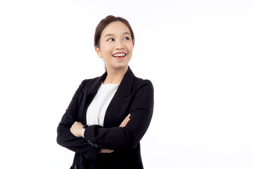 Portrait beautiful businesswoman in suit with arms crossed standing isolated on white background,...