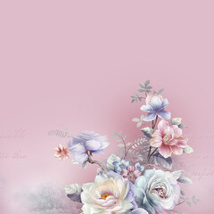 Fototapeta na wymiar Watercolor flowers, roses, peonies, flowers and birds