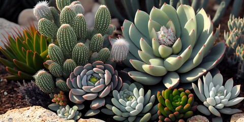 Fototapeta premium Desert succulents - these plants are drought tolerant and store water in thick fleshy leaves - generative AI 