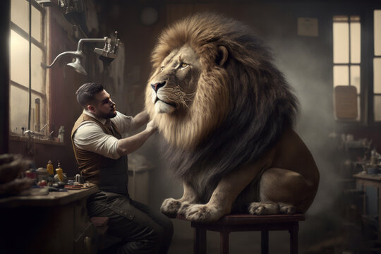 L&ouml;we sitzt beim Barbier oder Friseur zum Styling. KI generiertes Gesicht.