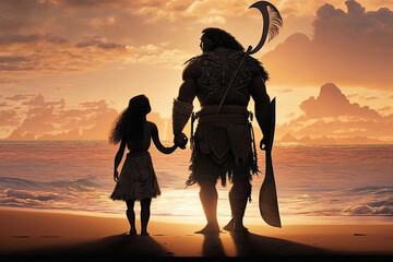 silhouette of a dad and daughter on the beach made with generative ai