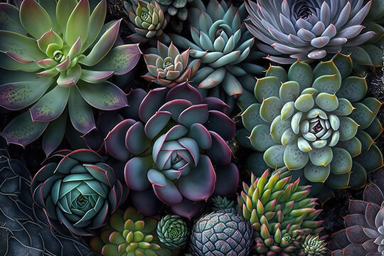 Succulent plants as background, top view. Generative illustration for banner design