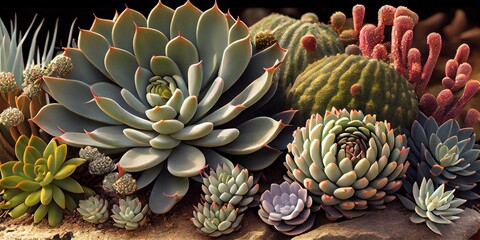 Obraz premium Desert succulents - these plants are drought tolerant and store water in thick fleshy leaves - generative AI 
