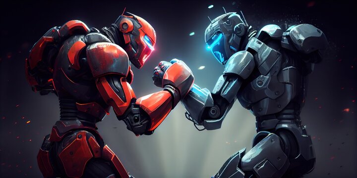 Fighting robots - two cybernetic artificial intelligence (AI) robots boxing and fist fighting