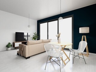 Living room and dining room with interior decoration and panoramic window. 3d rendering, interior design, 3d illustration