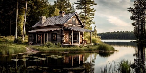 Fototapeta na wymiar Log cabin by the lake - idyllic summer getaway with sun and fun by generative AI