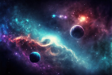 Naklejka na ściany i meble Planets in space. Fantasy galaxy generative AI background