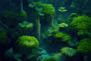 Aerial view of rainforest. Green ecological generative illustration