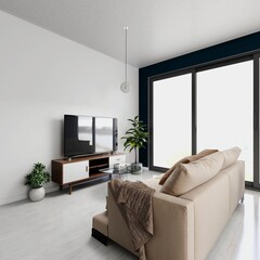 Living room with interior decoration with ornamental plants, tv and panoramic window. 3d rendering, interior design, 3d illustration