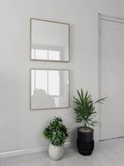Room with two blank square frames and interior decoration with ornamental plants. 3d rendering, interior design, 3d illustration