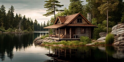Obraz premium Log cabin by the lake - idyllic summer getaway with sun and fun by generative AI