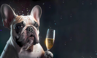 French bulldog holding a glass of champagne. bokeh. New Year. Birthday. Banner. Copy space. Generative AI