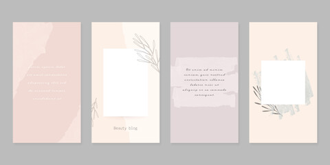 Neutral minimalist social media story post templates with torn paper texture and floral elements.