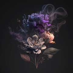 Flowers in the smoke.Flowers in the smoke on a dark background. Flowers and smoke. Growth. Generative AI.