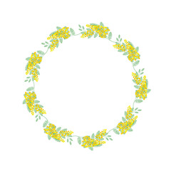 Round bright, stylish, elegant frame with spring mimosa flowers. For invitations, greetings, and decorations. Vector.
